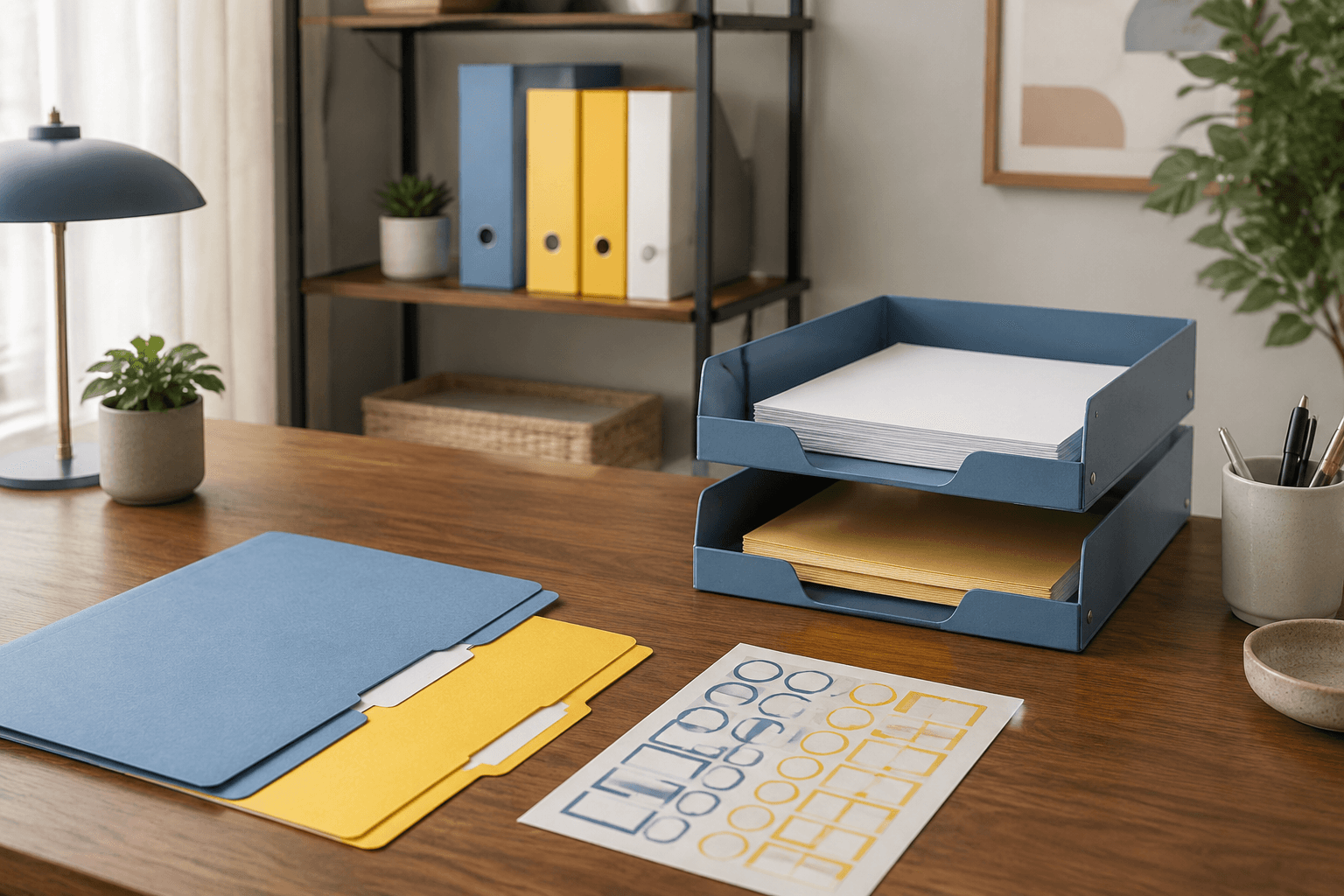 A calm home office corner with folders, labels and an inbox tray