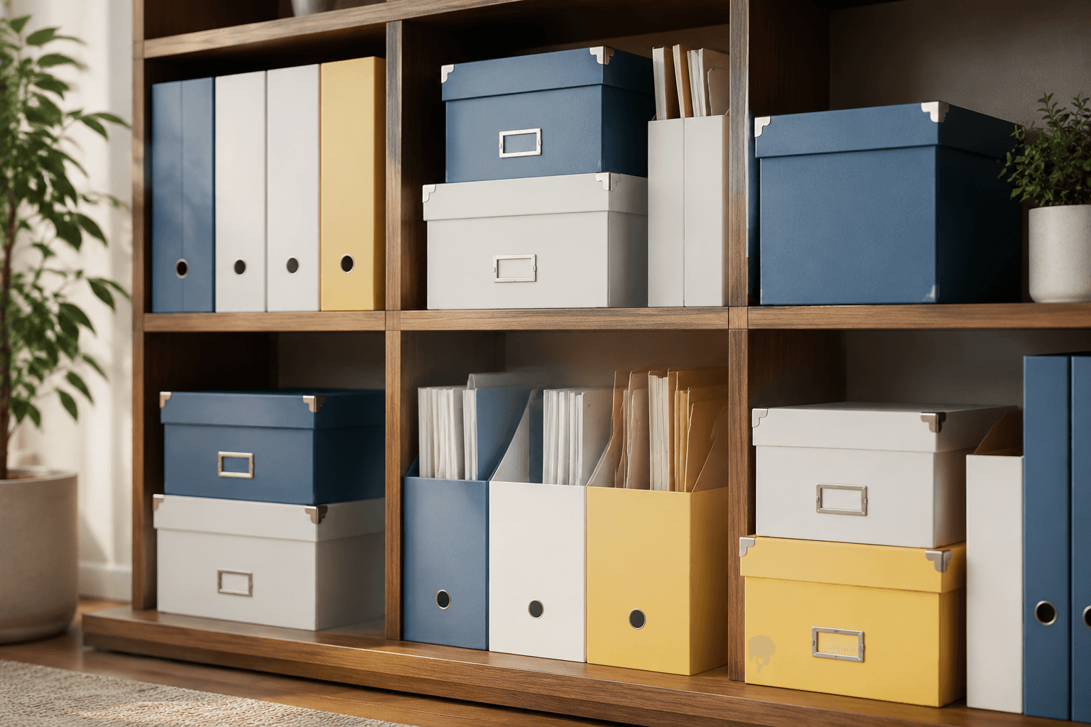 Document boxes and labelled folders arranged on an open shelf