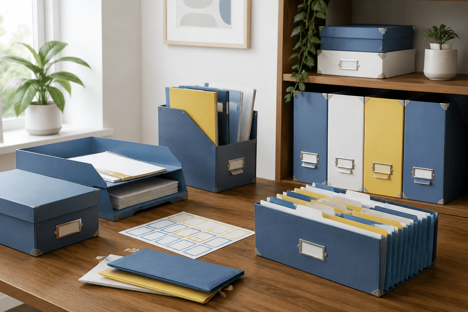 A tidy home office corner with document boxes, labels, receipt wallets and an inbox tray