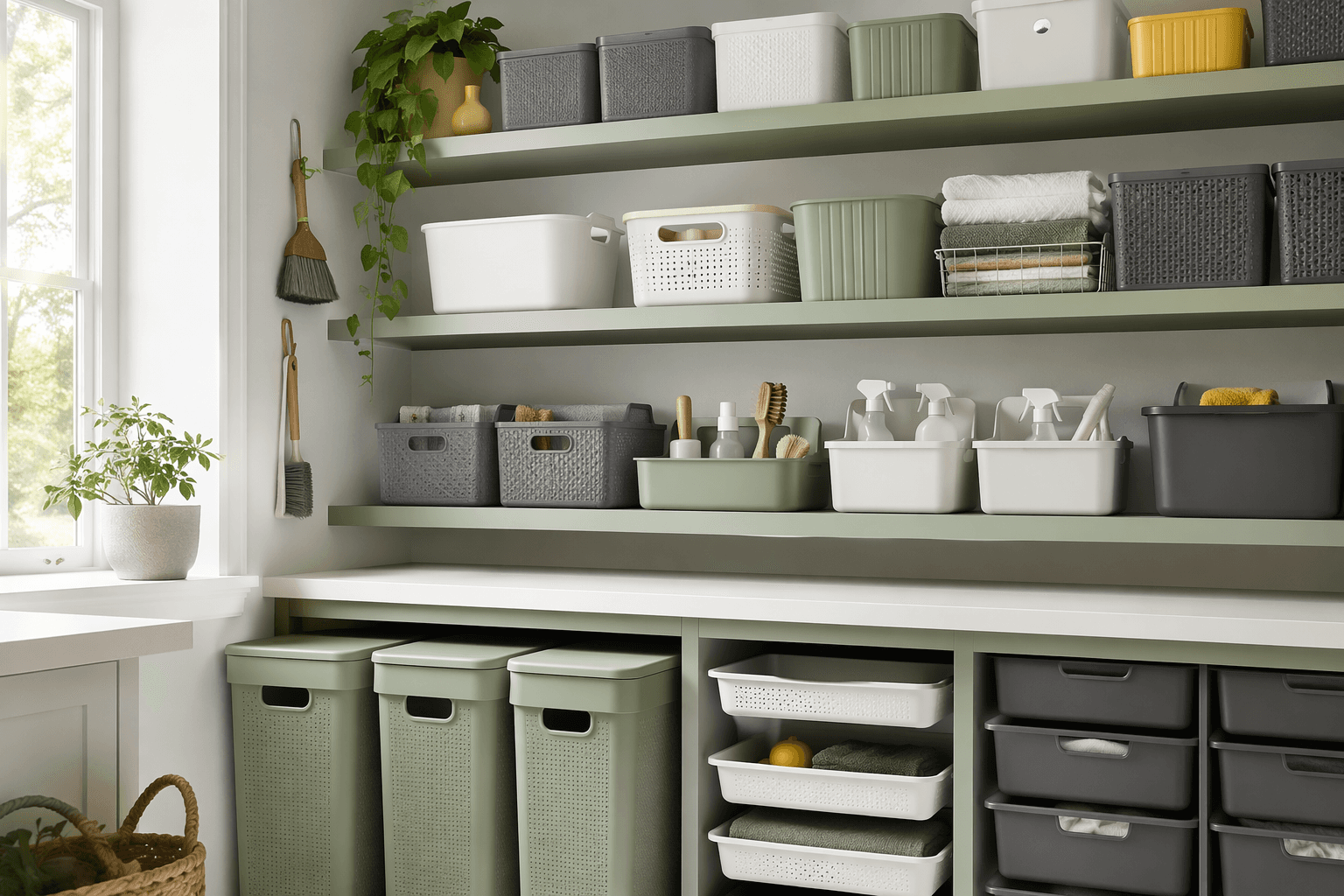 Neatly arranged home organization storage products on open shelving
